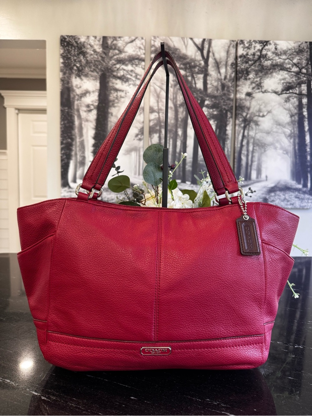♥️Coach Pebbled Leather Tote in Cranberry Red